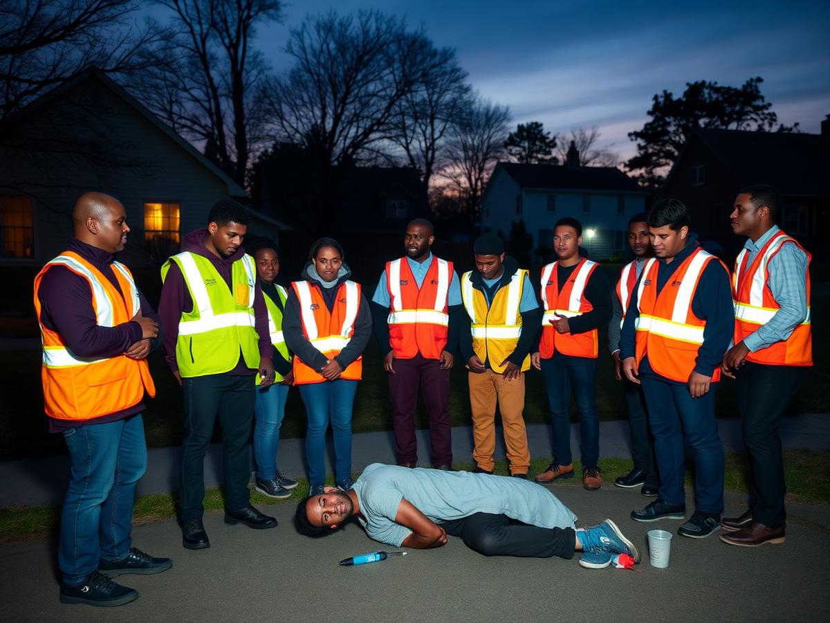 Neighborhood emergency response volunteers practicing first aid drills at dusk
