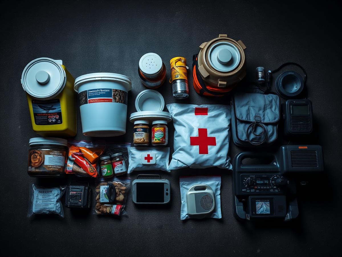 Emergency preparedness gear laid out: food storage buckets, water filter, first aid kit, radio and solar generator